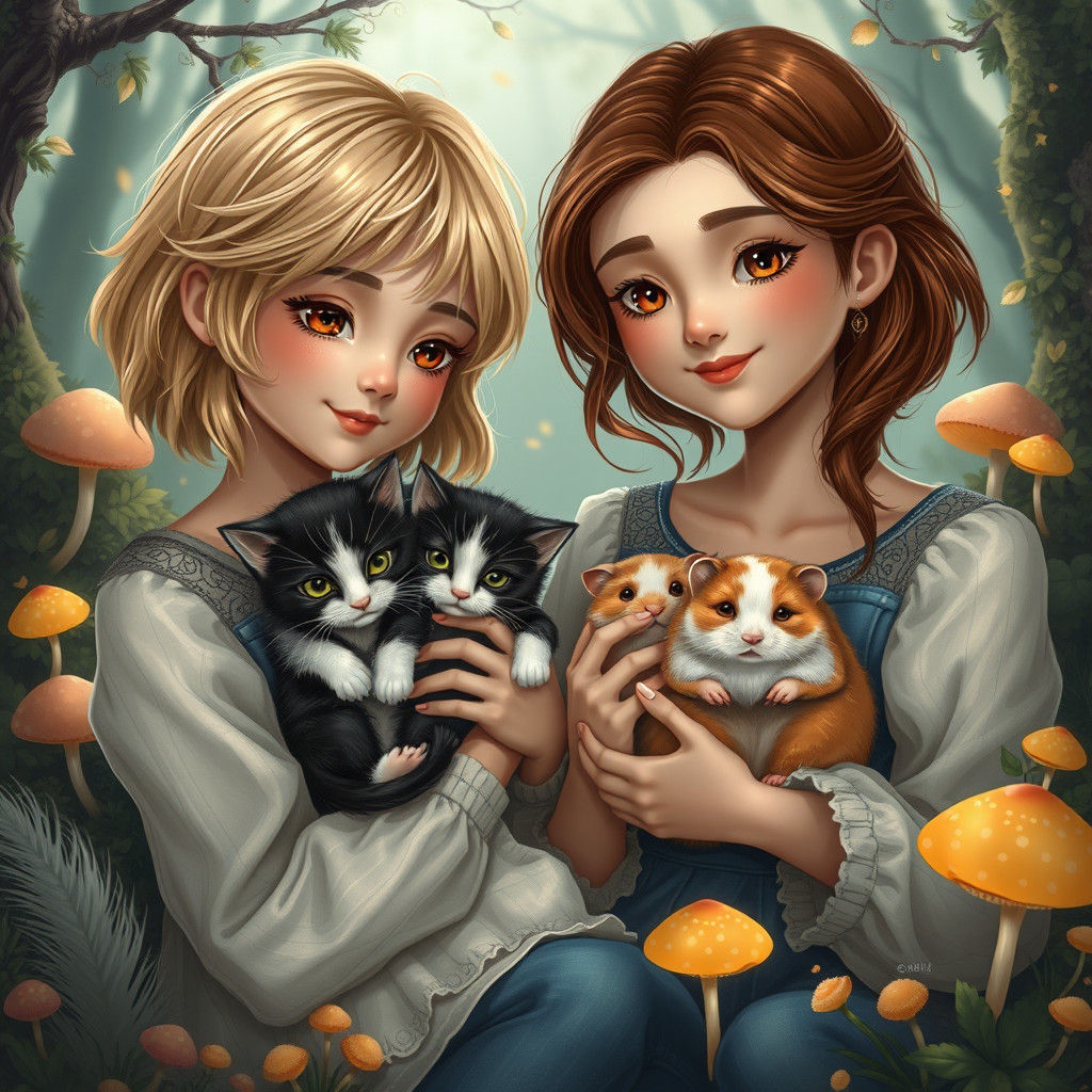 Friends with Kittens and Hamsters in Mystical Forest