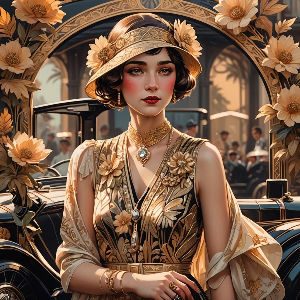 Art Deco Woman by Car, Anime Style