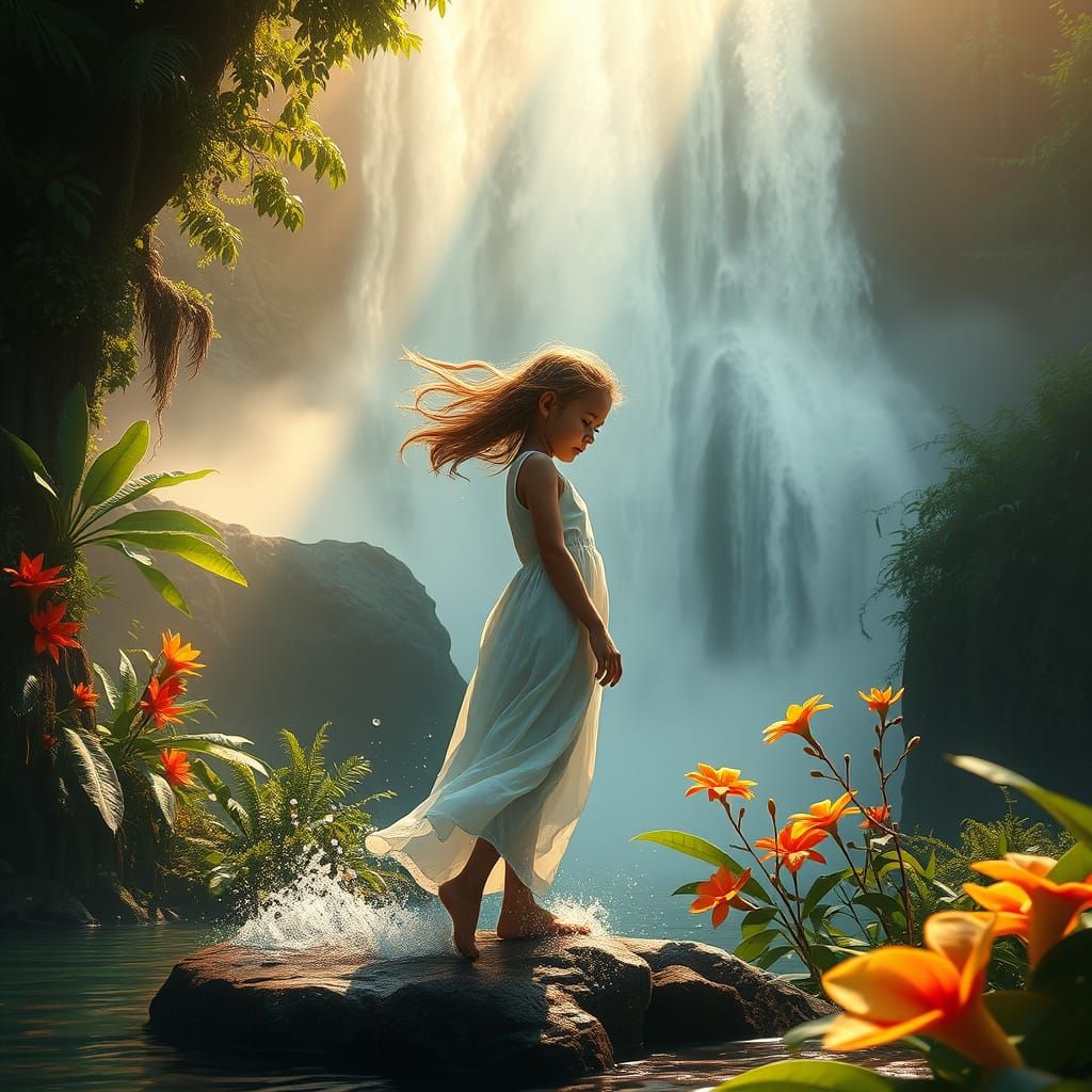 Mysterious Girl Beside Expired Waterfall in Dreamlike Landsc...