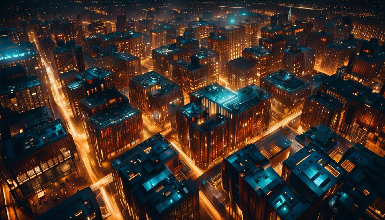 Futuristic City at Night in Organic Brutalist Style