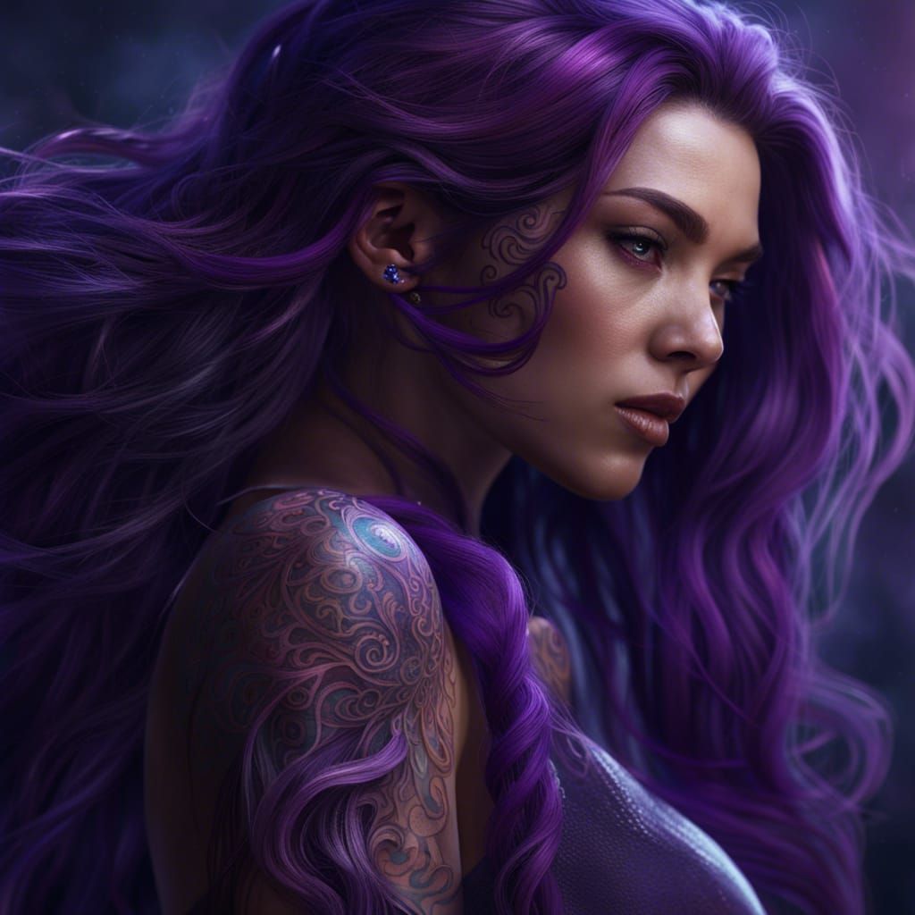 Purple Haired Girl with Tattoos: Fantasy Art