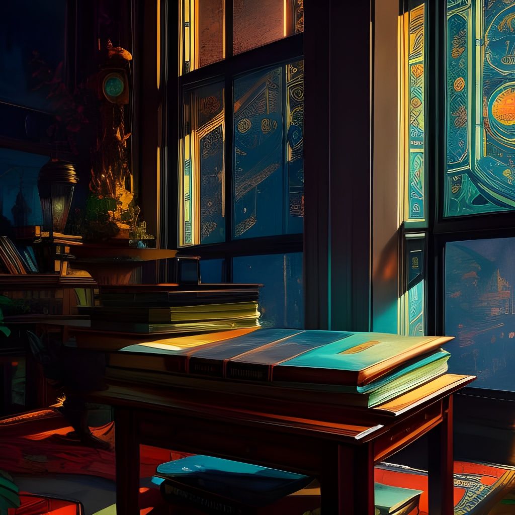 Books Stack on Table, Detailed Concept Art