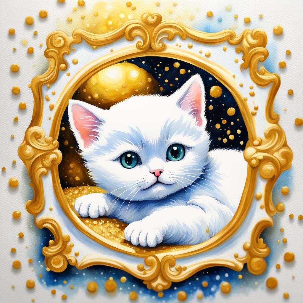 Golden White Kitten of Light and Smoke in Gouache Style