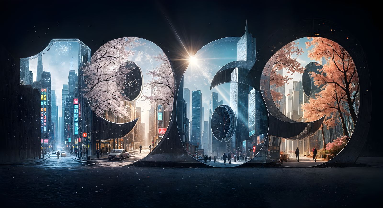 Cyberpunk Glass Sculpture: '1969' Cityscapes in Four Seasons