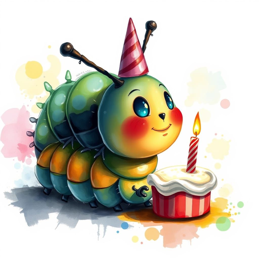 Cheerful Caterpillar Birthday in Anime Gouache Style