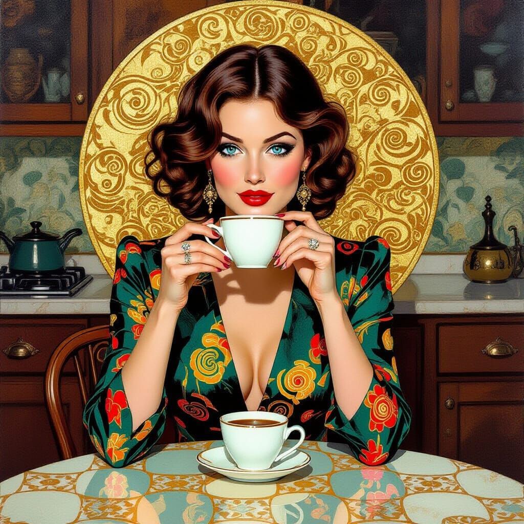Woman Sipping Coffee in Klimt and Van Gogh Style