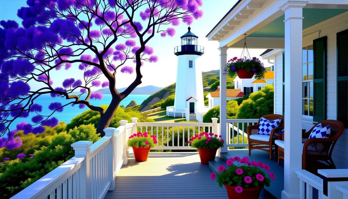 Lighthouse View with Jacaranda Tree and Flowers