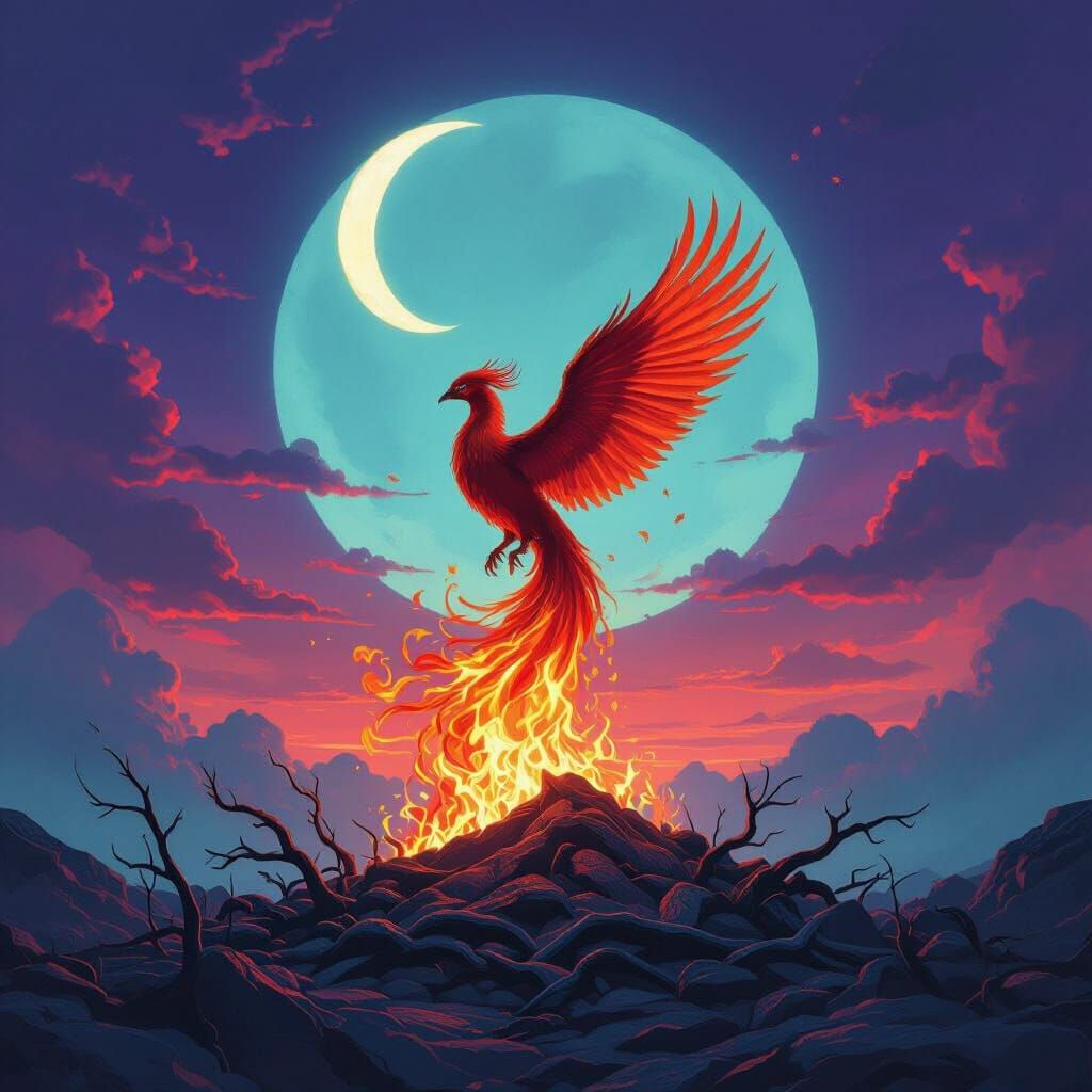 Phoenix Rising at Moonlit Sunset in Dramatic Style