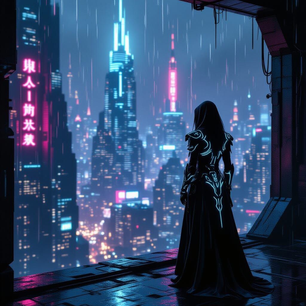 Gothic Cyberpunk Elf on Futuristic Balcony