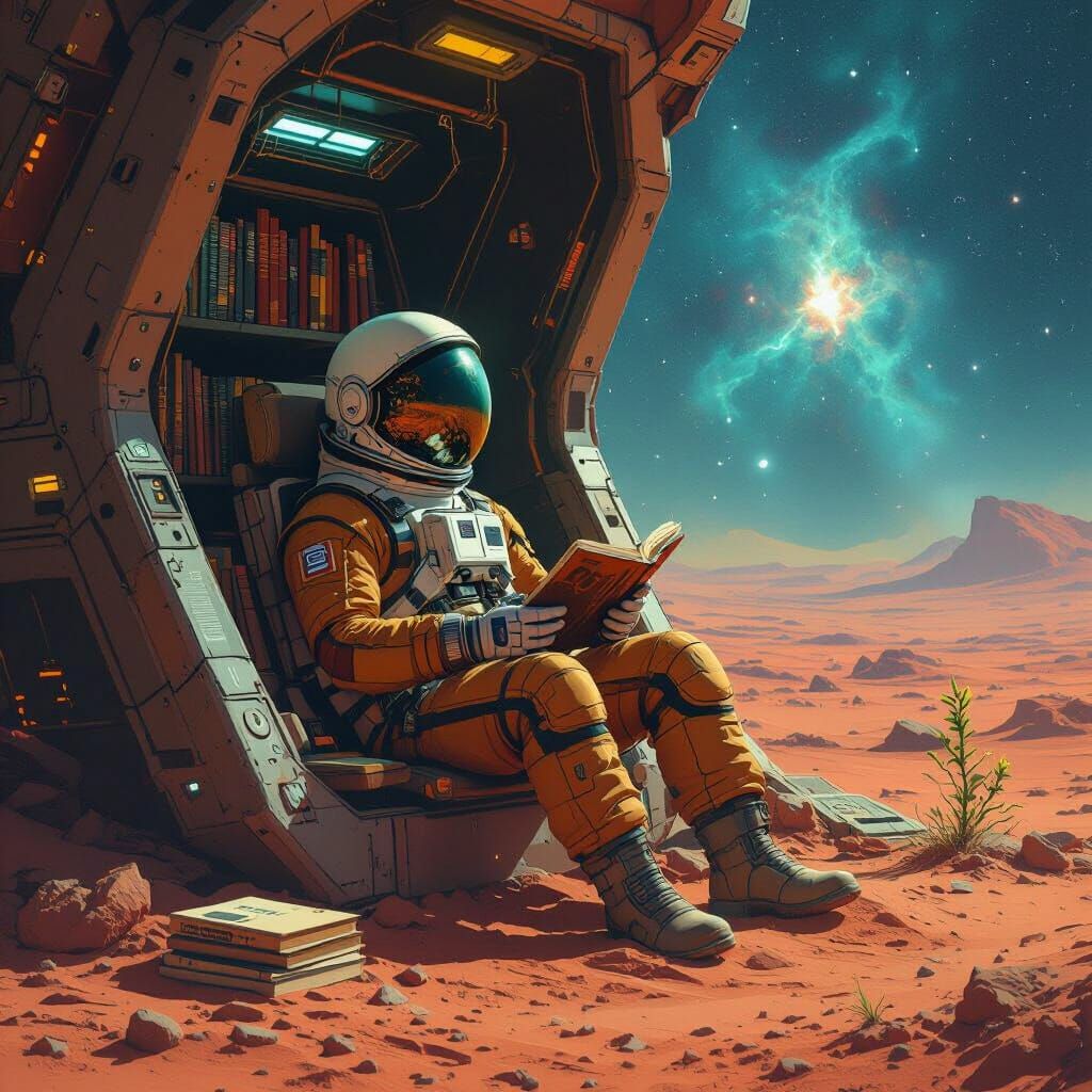 Astronaut Reader on Alien World in Retro-Futurism Style