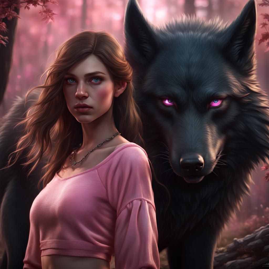 Girl with Wolf in Detailed Fantasy Art