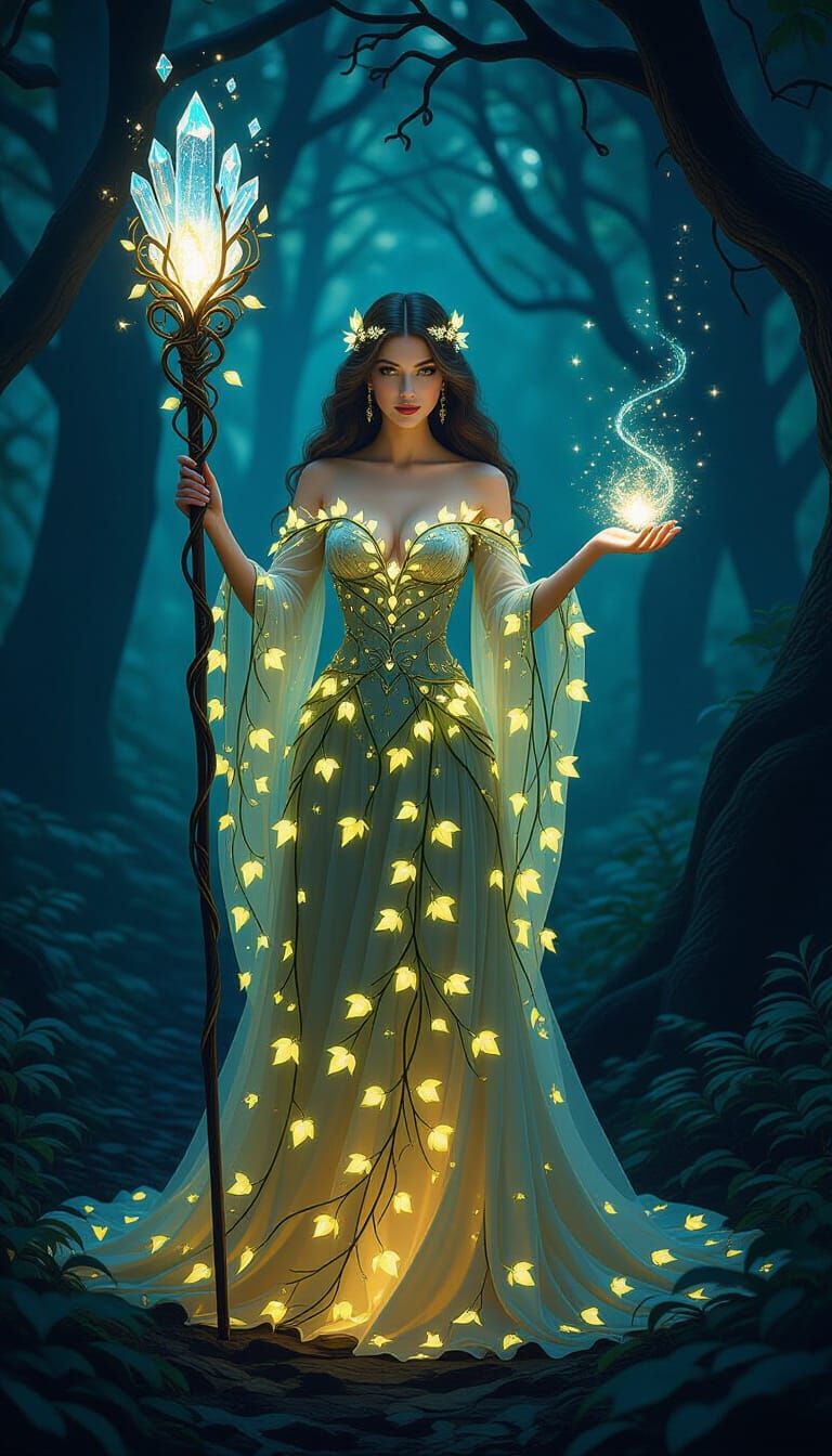 Enchantress in Mystical Forest with Crystal Staff