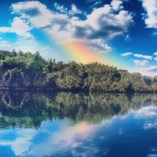 Hyperrealistic Rainbow Reflecting on Lake