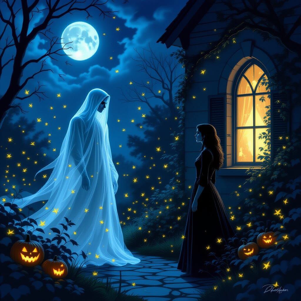 Ghost Appears in Moonlit Garden on Halloween Night