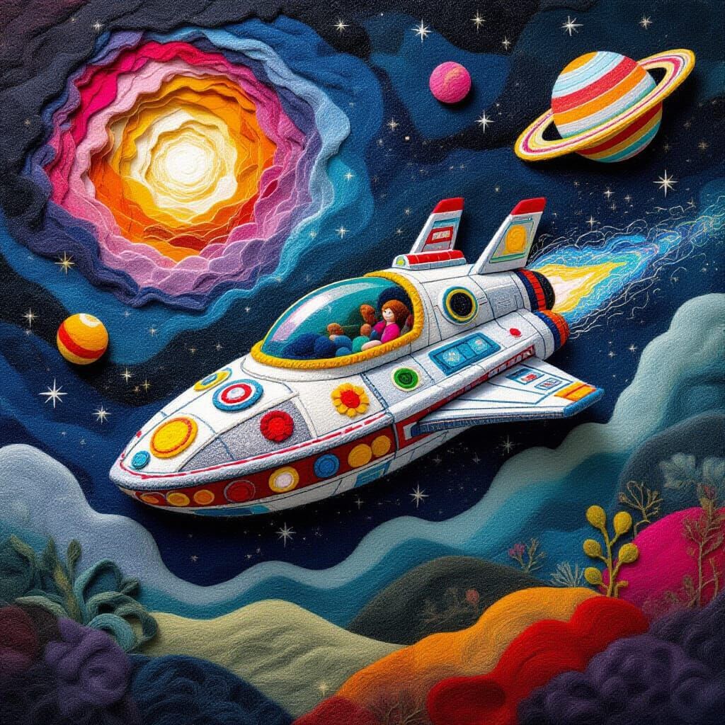 Needle-Felted Spaceship Bursts From Portal, Whimsical Art