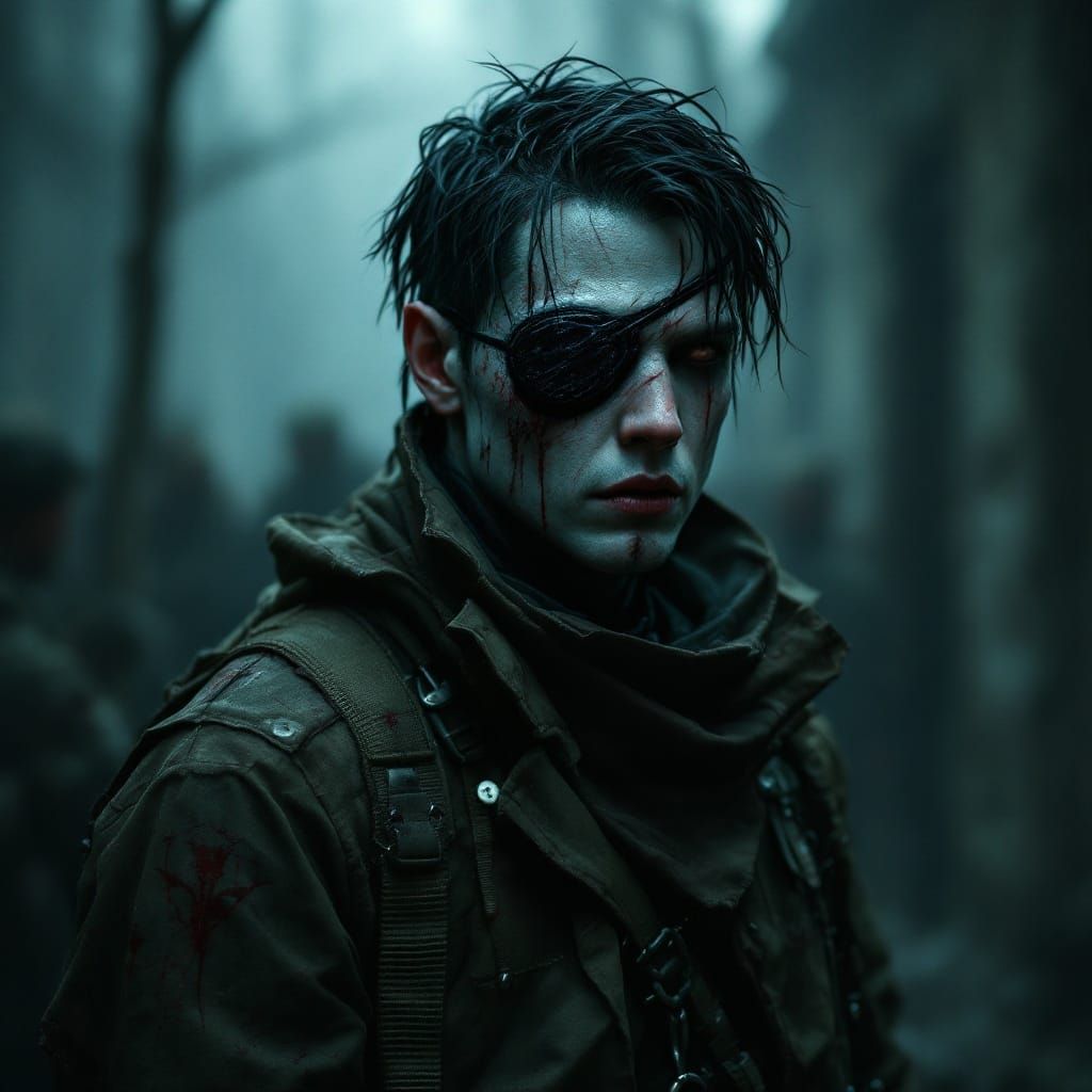 Gothic Vampire Soldier in Dark, Ruined Landscape