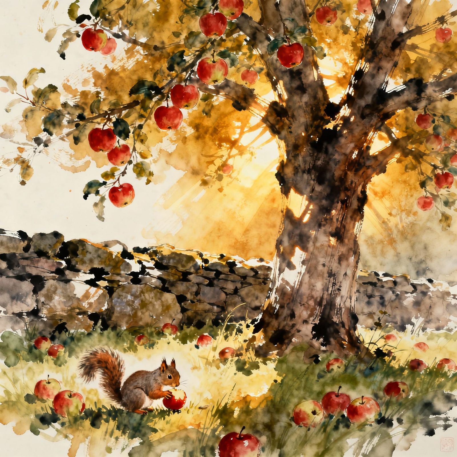 Splashy Watercolour Of Apple Tree With Squirrel