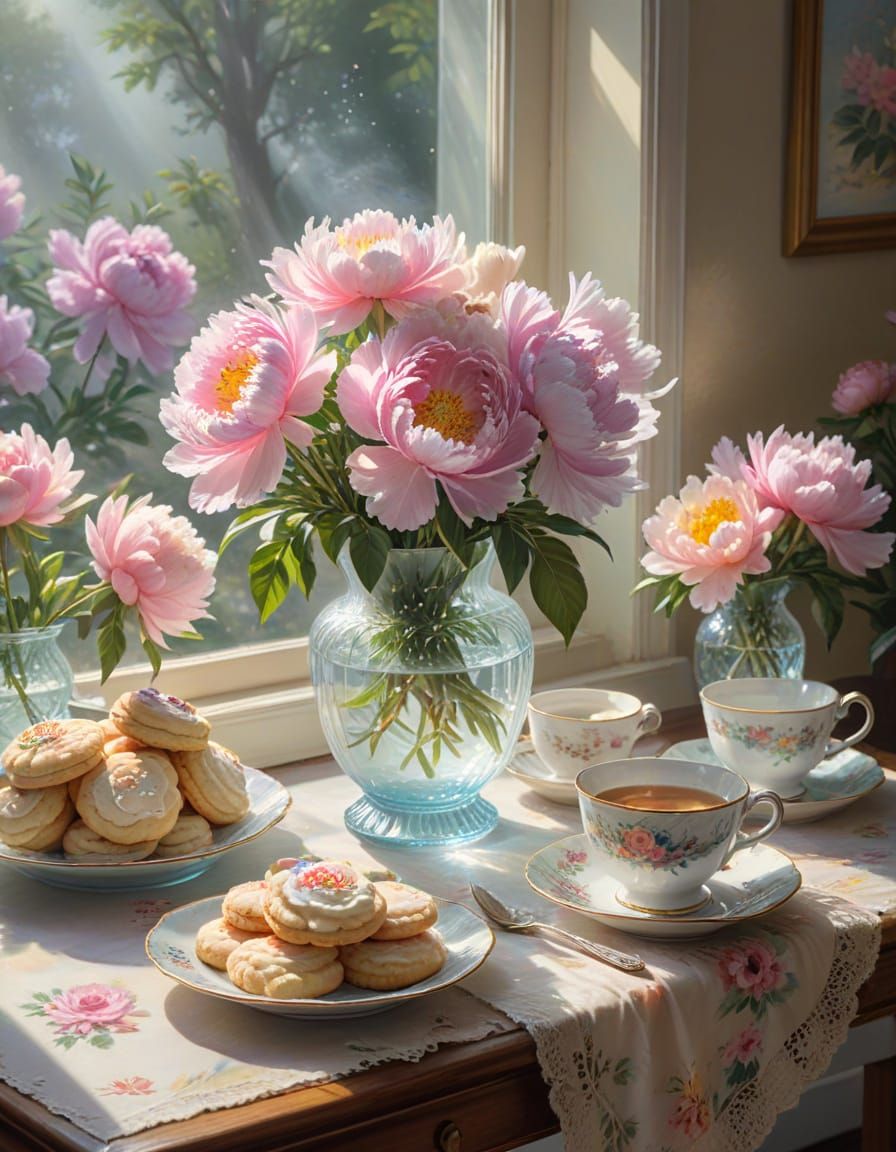 Peonies, Tea, and Cookies in Watercolor Style