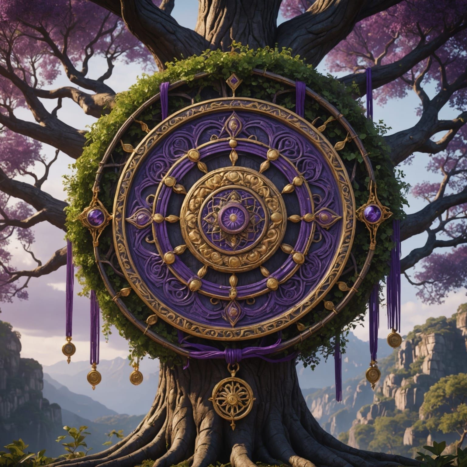 Intricate Mandala with Purple Strings and Gold Medals