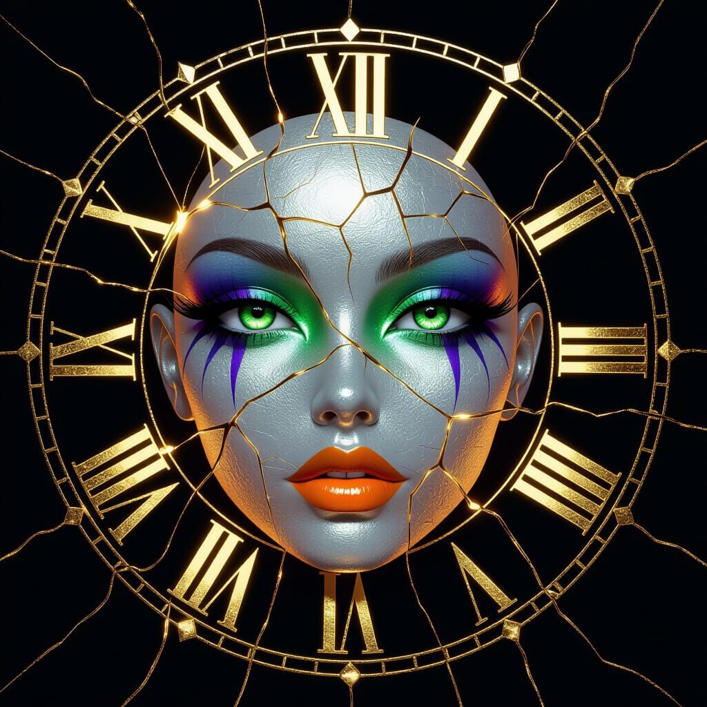 Surreal Face Clock Artwork With Metallic Skin And Vivid Colo...