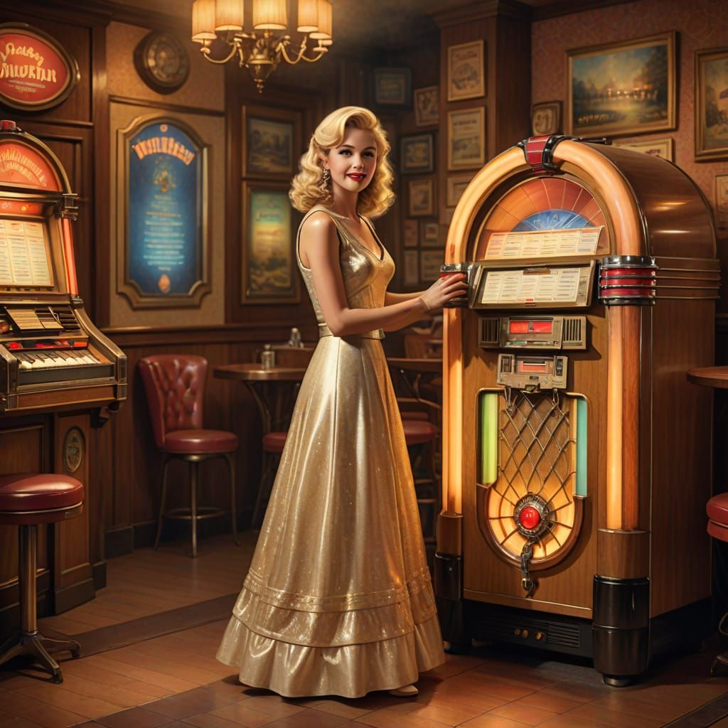 Vintage Beauty Enjoys Warm Evening by Wurlitzer Jukebox in G...