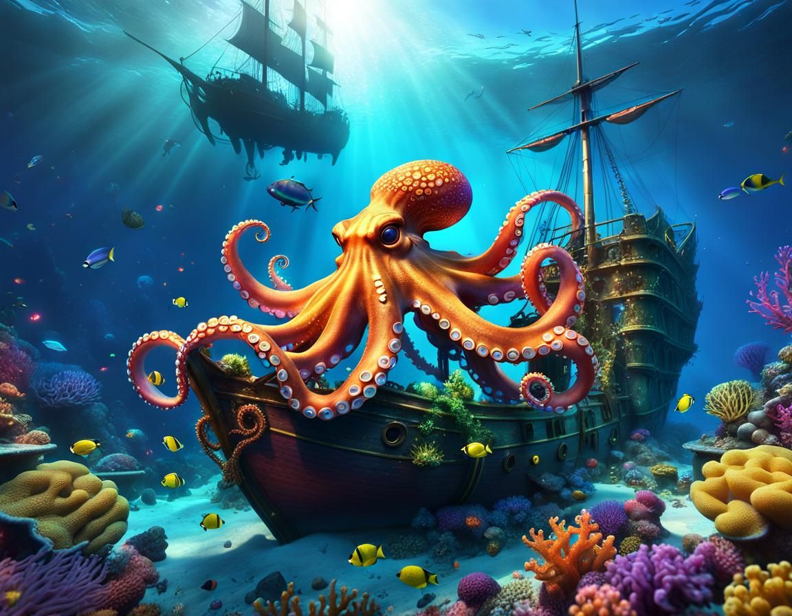 Underwater Octopus and Shipwreck in Lush Coral Landscape