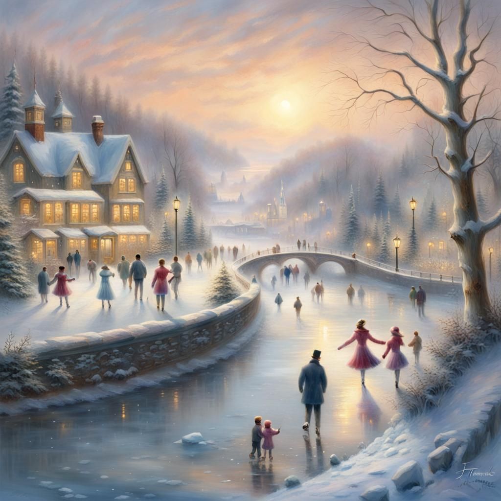Icy River Scene with Ice Skaters in Fantasy Style
