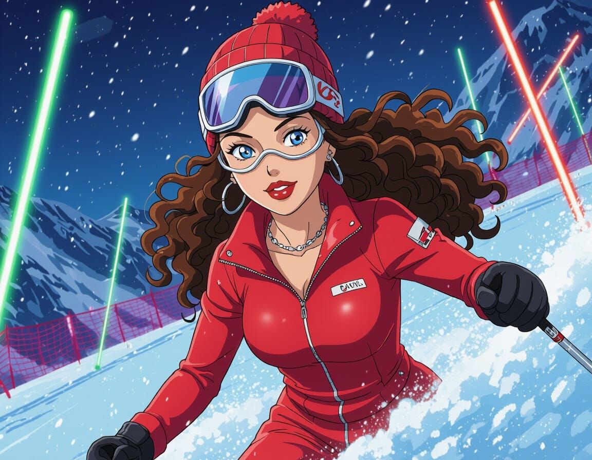 Anime Skier Slaloming in Neon Style