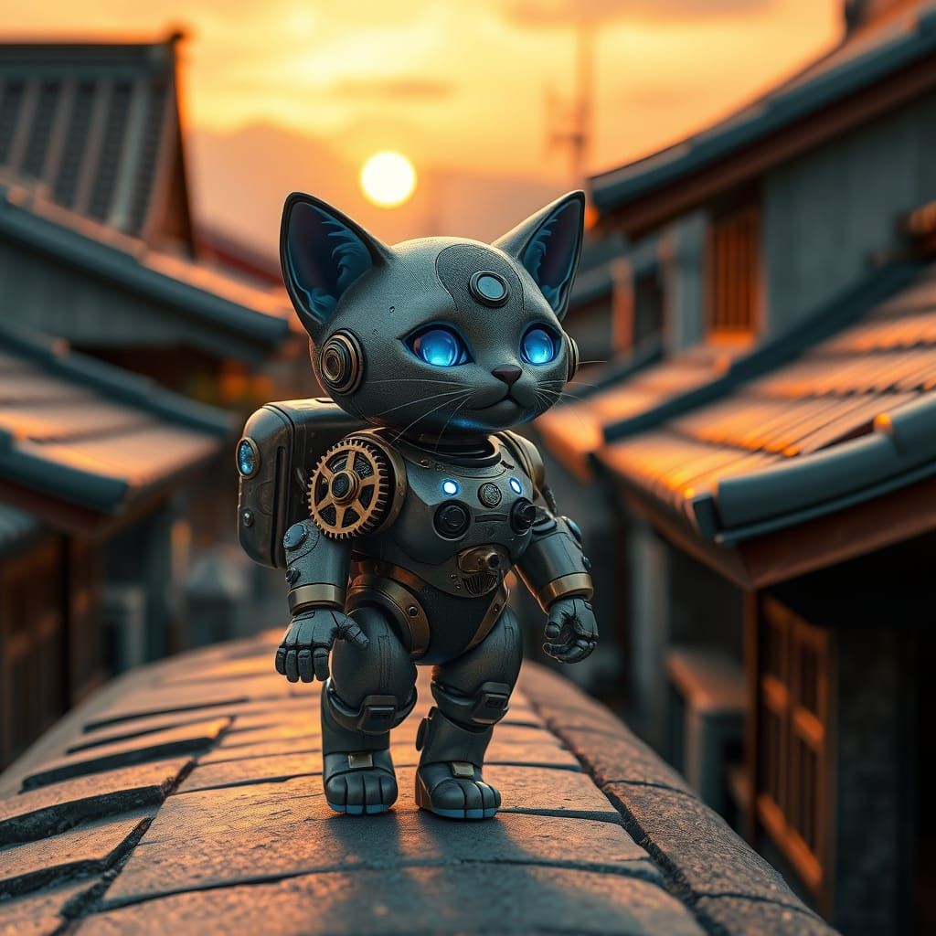 Steampunk Kitten Droid on Japanese Rooftops
