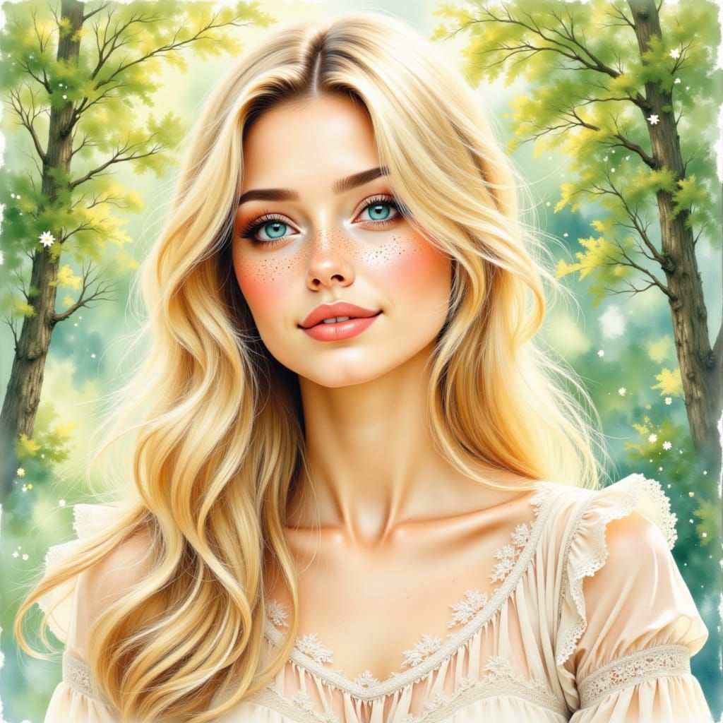 Beautiful Woman in Dappled Wood as Watercolor Sketch