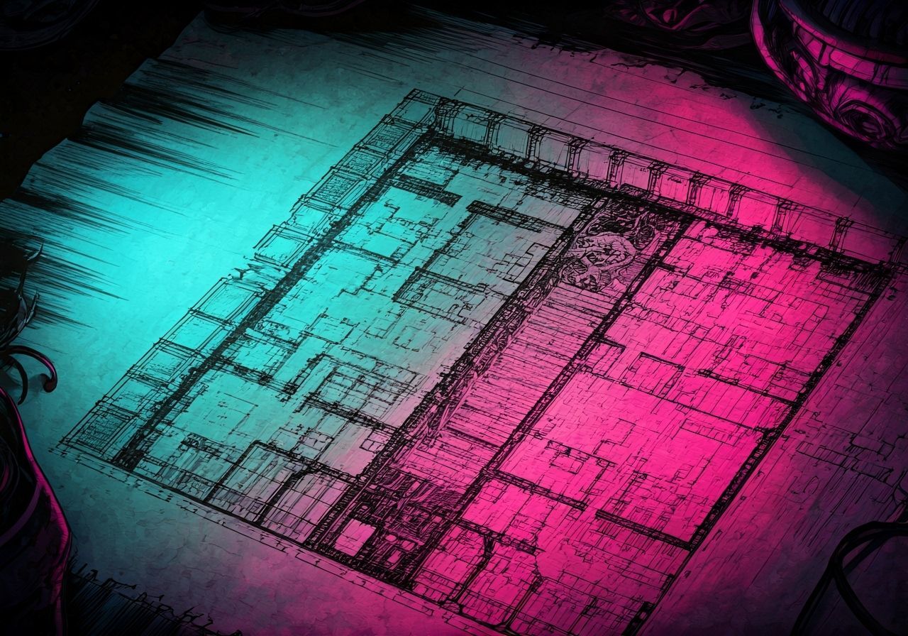 Stately Home Blueprint on Tattered Parchment