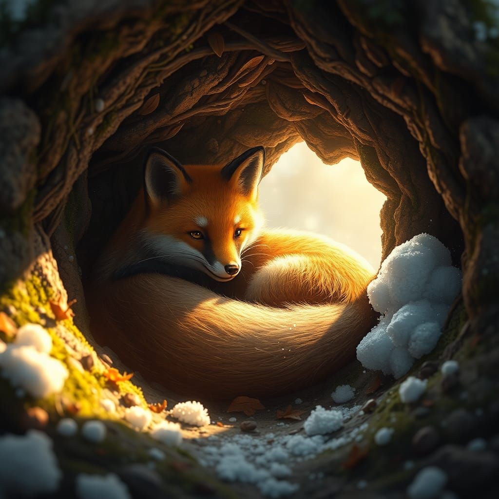 Fox Den in Winter Sunlight: Fantasy Concept Art