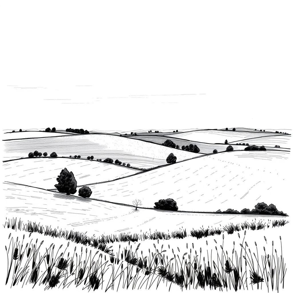 Farmland Sketch in Black and White Style
