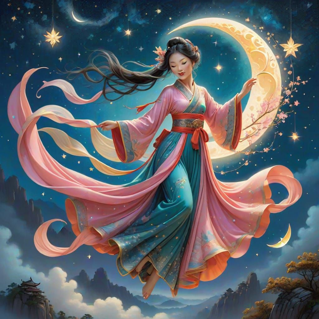 Asian Fairy Soars Through Celestial Dreamscape