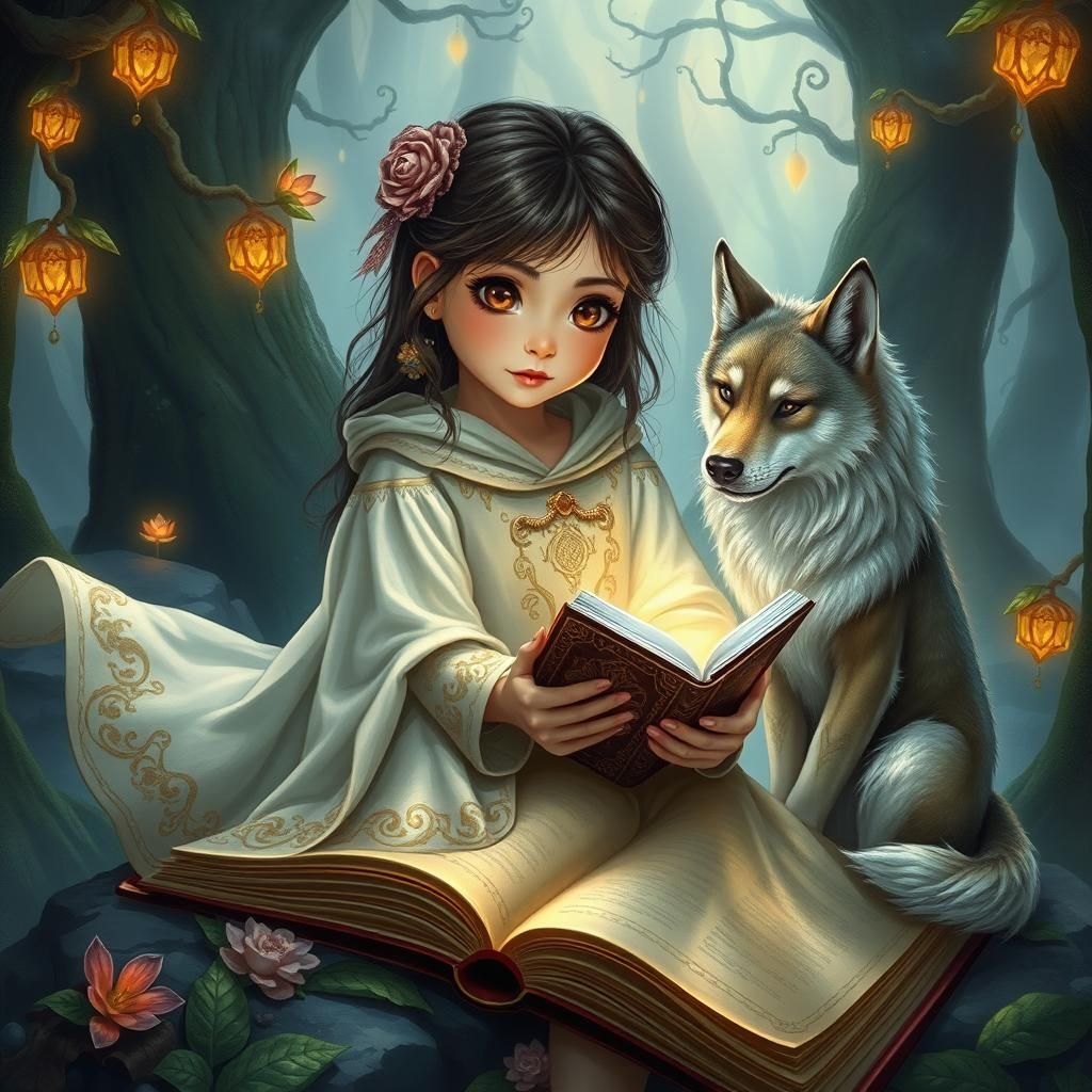 Enchanted Forest Scene with Girl and Magical Book