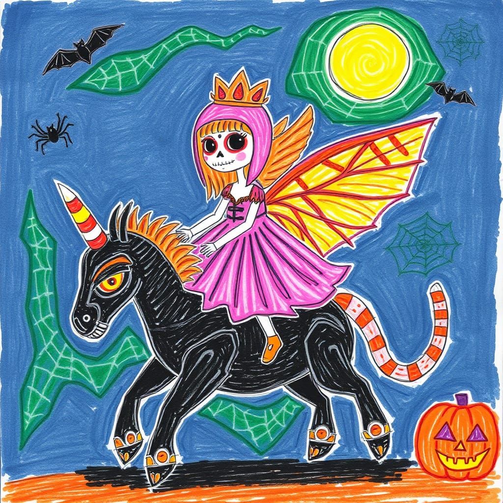 Sugar Skull Fairy Princess Rides Unicorn-Dragon: Crayon Art