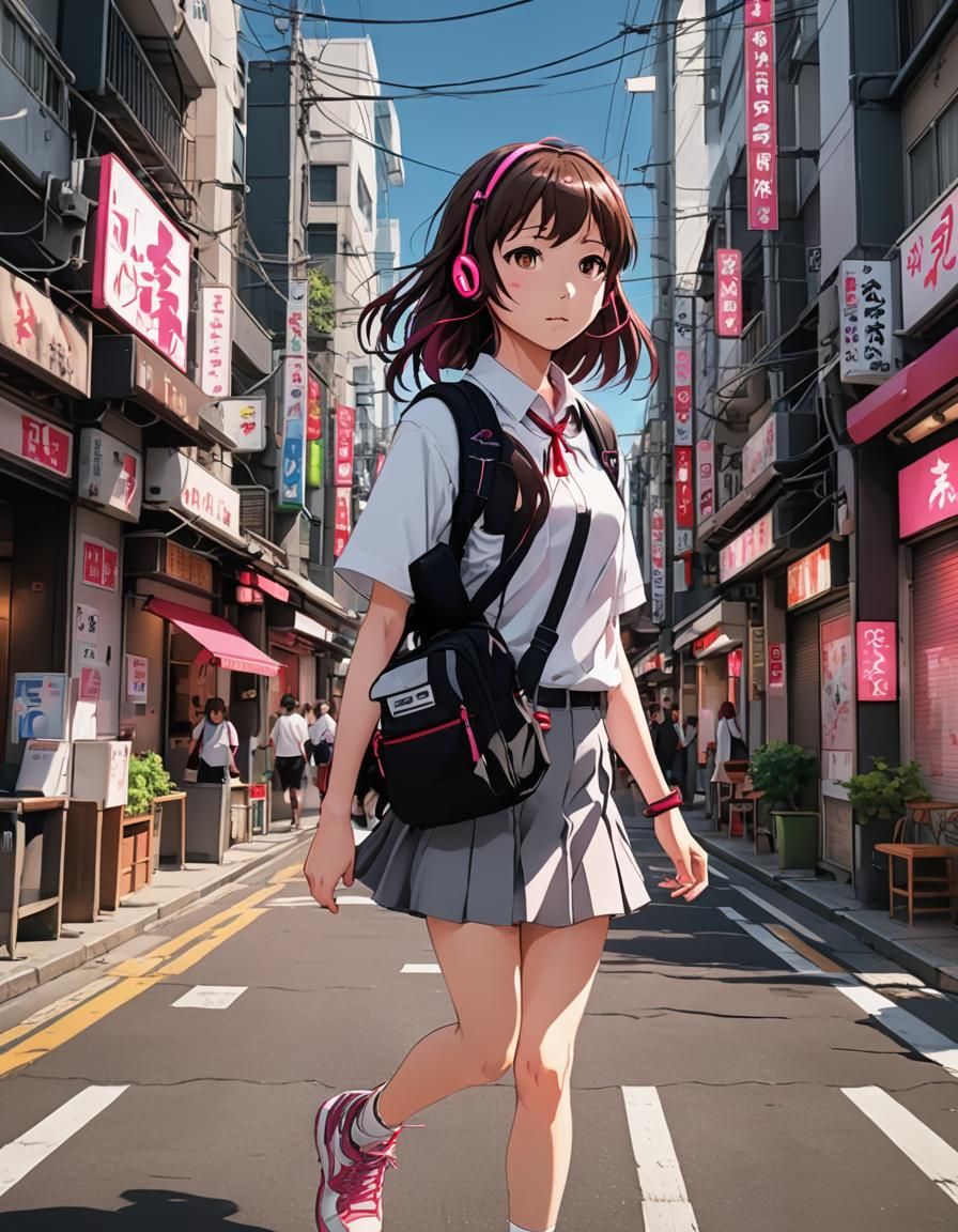 Anime Girl Walking Down Japanese Street