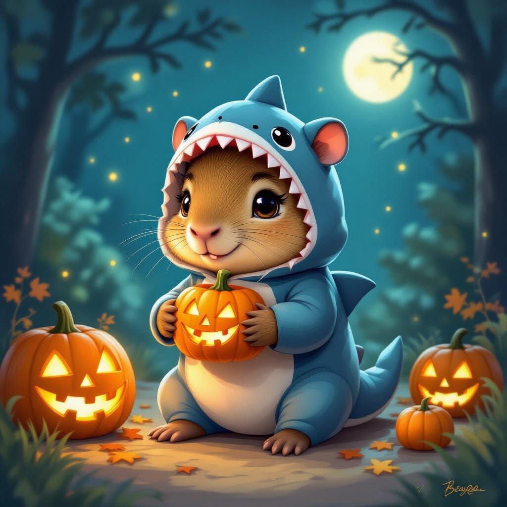 Baby Capybara in Shark Costume on Halloween Night