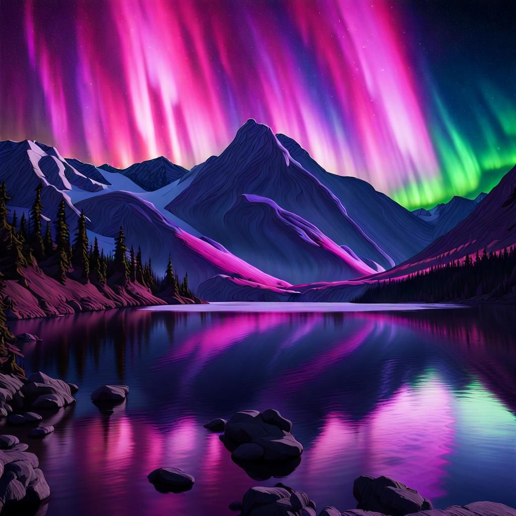 Aurora Borealis Over Mountain Lake: Impressionist Oil Painti...
