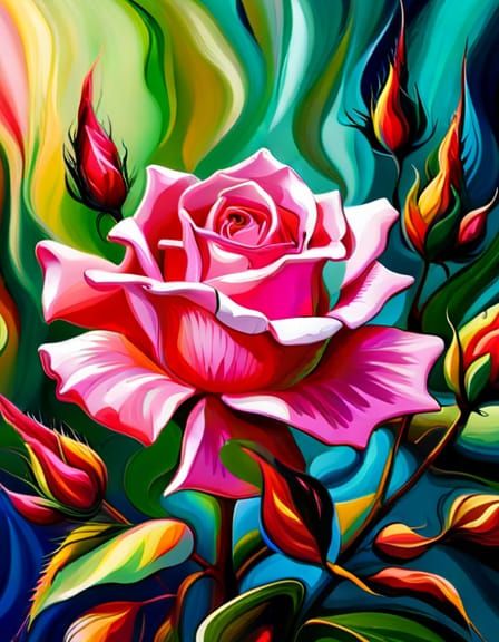 Metallic Pink Rose with Gold Filigree in Abstract Style