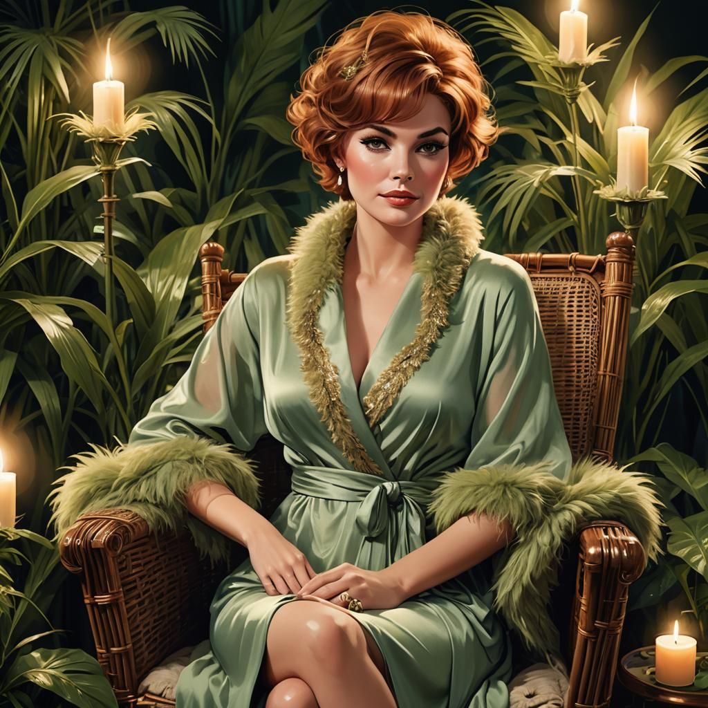 Auburn-Haired Woman in Sage Robe, Semi-Realism Style