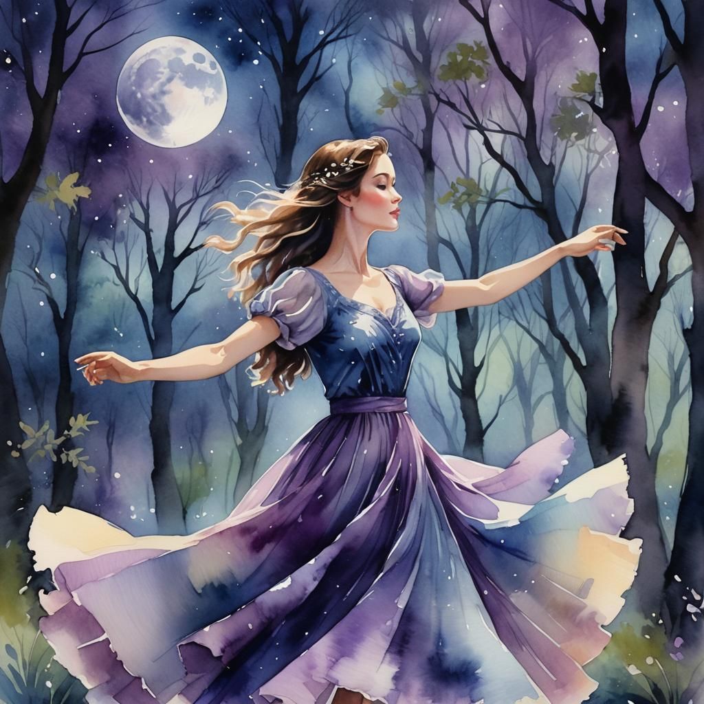 Moonlit Lady Dancing: Impressionistic Watercolor Portrait
