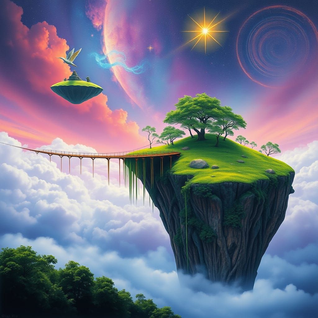Floating Islands Connected by Jewel Bridge: Surreal Art