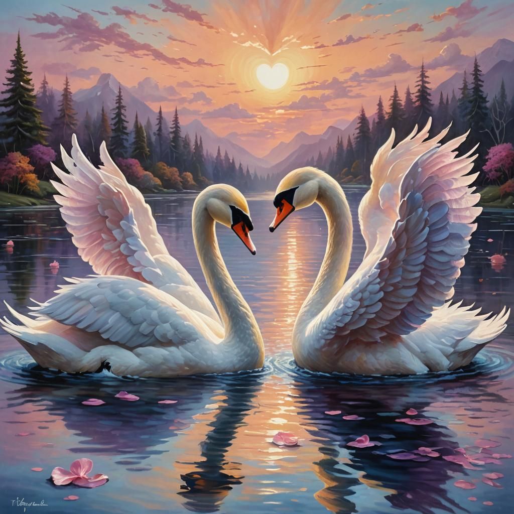 Romantic Swans Create Heart in Golden Light