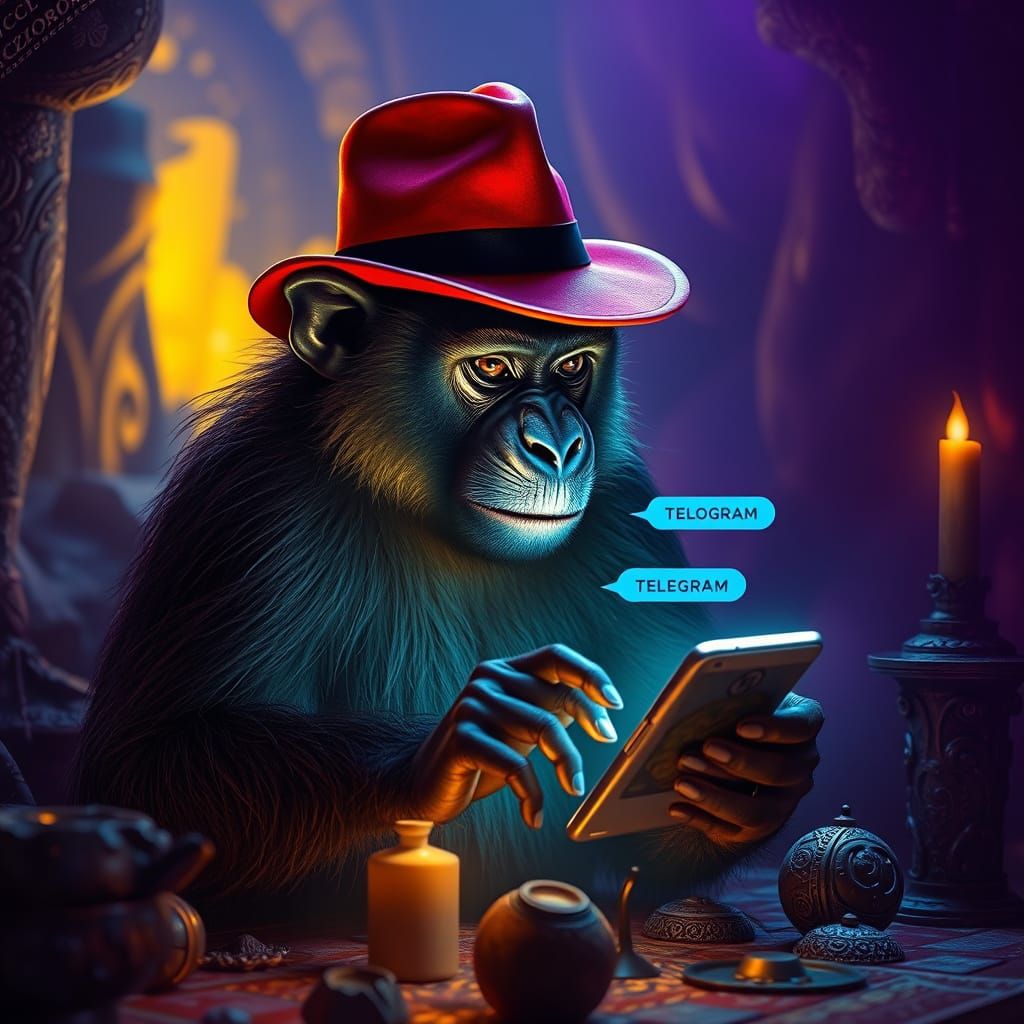 Mystical Bonobo in Dreamlike Telegram Scene