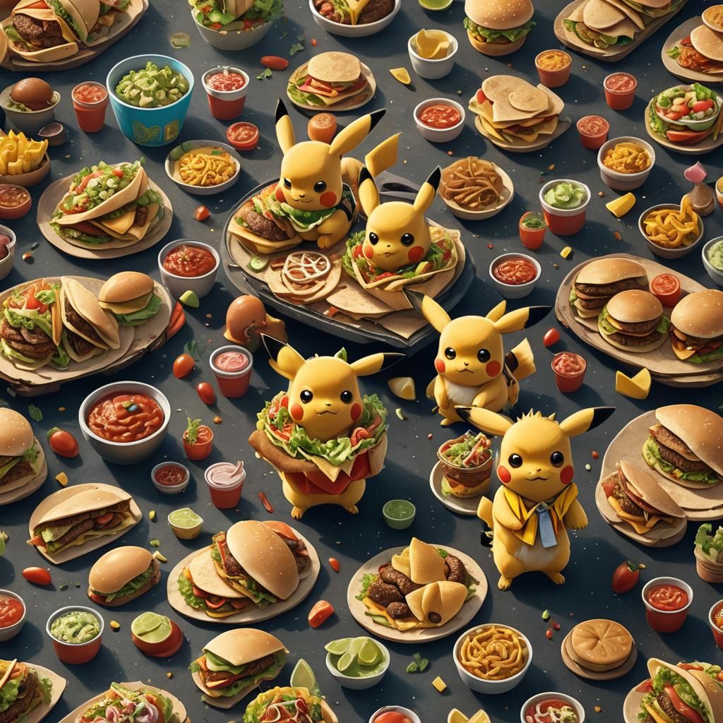 Pikachu and Eevee Share Tacos and Burgers