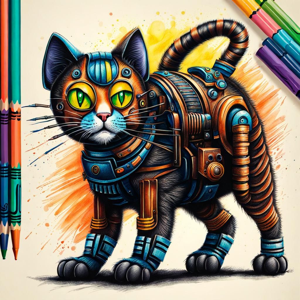 Biopunk Cat in Kids Crayon Drawing