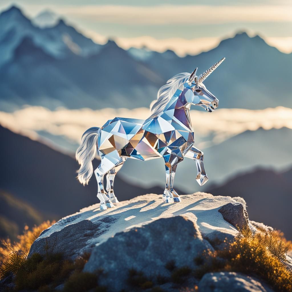Faceted Crystal Unicorn on Mountain, Professional Photograph...