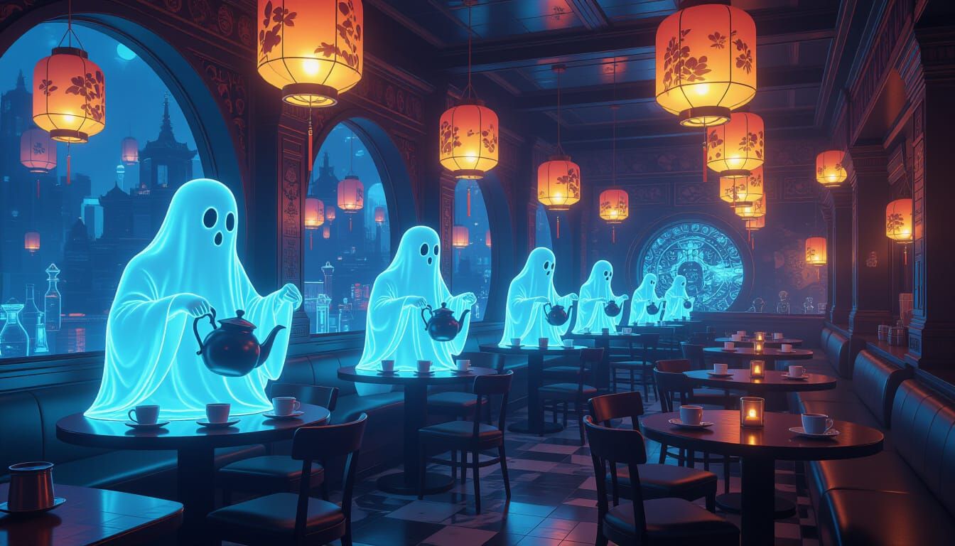 Surreal Cafe with Floating Lanterns and Ghostly Baristas