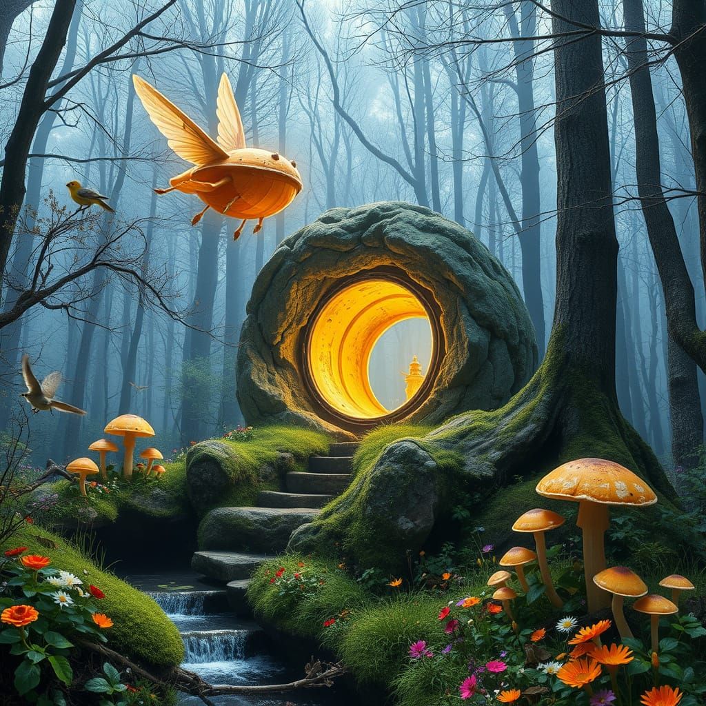 Surreal Mushroom Wonderland in Enchanted Forest with Glowing...